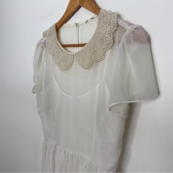 Amazing pearl white dress beaded embellishments off white short sleeves sheer M - Picture 3 of 13